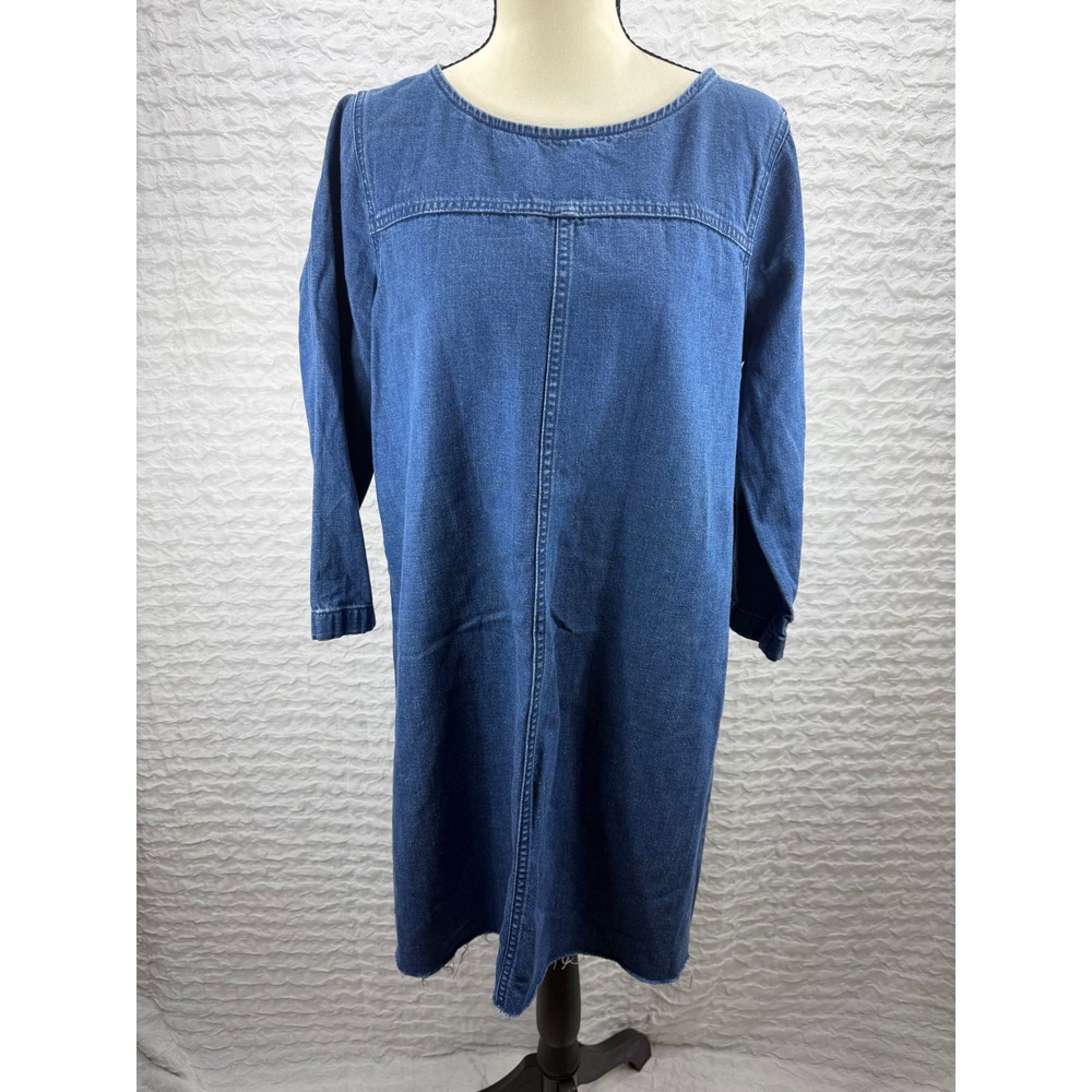 Madewell Denim Shift Dress Medium Wash Frayed Hem Long Sleeve Blue G7926